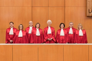 Image: Justice Offenloch, Justice Prof. Dr. Wallrabenstein, Justice Dr. Maidowski, Justice Prof. Dr. Langenfeld, Vice-President Prof. Dr. König, Justice Dr. Kessal-Wulf, Justice Müller, Justice Dr. Fetzer (left to right)